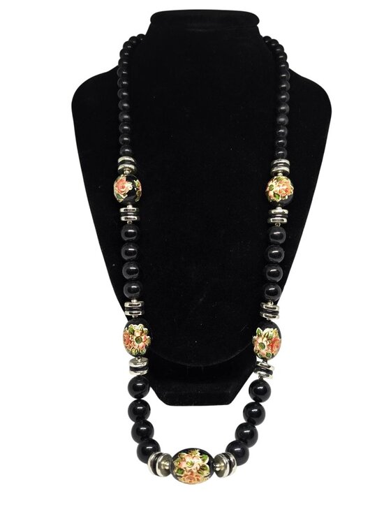 None Jewelry - Vintage Black Beaded Cloisonné Floral Necklace Gold Tone Spacers Statement 24”